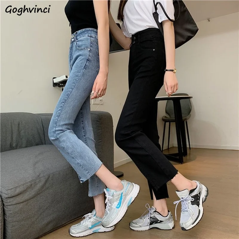 

Jeans Women Front-slit Summer All-match Simple Trendy Student Solid Ulzzang Denim Retro Casual Cozy Pockets Streetwear Trouser