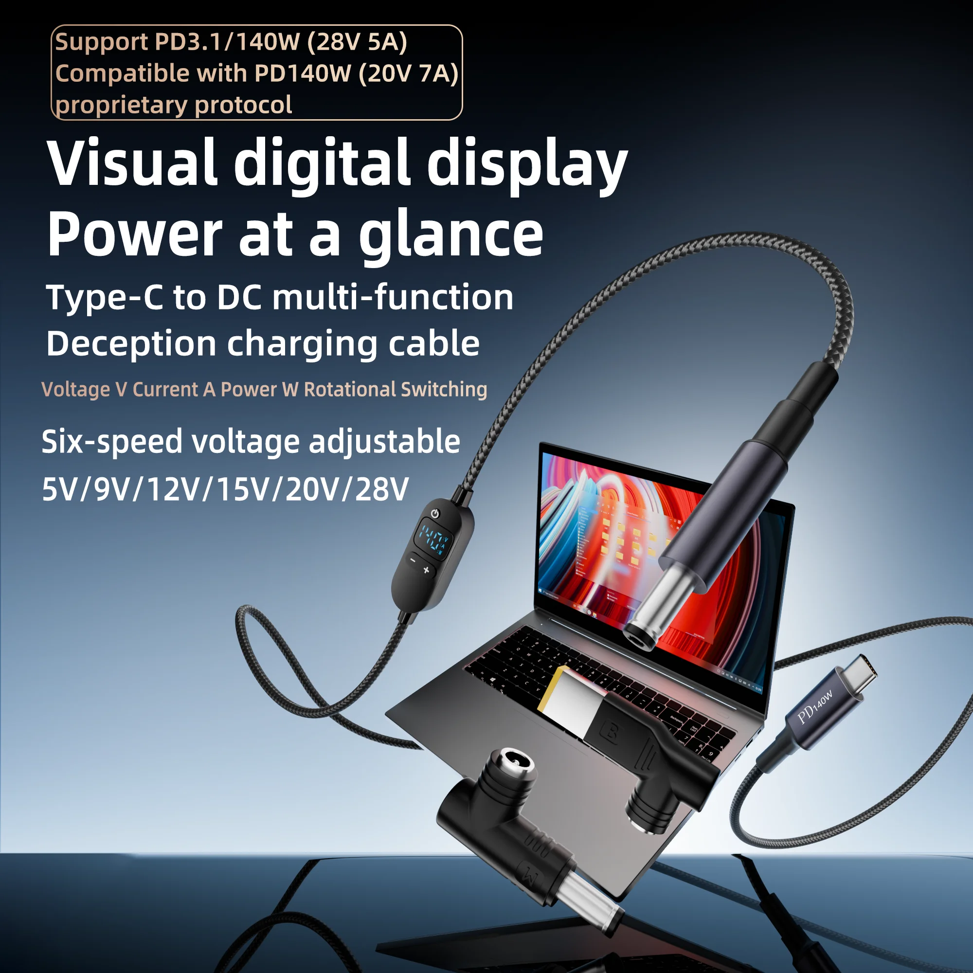 USB C to DC 전원 케이블 140W 타입 C to 5V 9V 12V 15V 20V 28V 조절 가능한 전압 어댑터 커넥터 케이블 노트북 라우터용