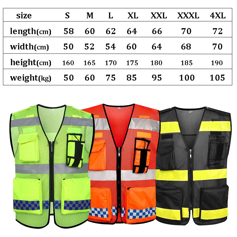 Reflective Safety Vest High Visibility Zippered Work Clothes Fishing Net Multi-Pocket Traffic Construction Night Safety Clothing