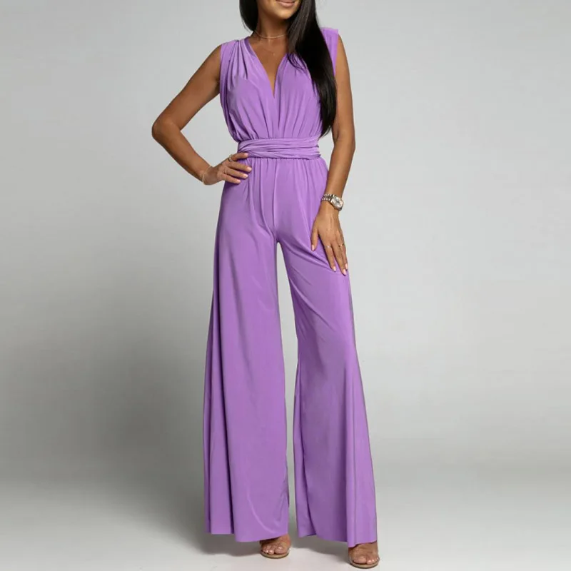 

Fashion Deep V Sleeveless Waist Club Romper Summer Office Lady Solid Straight Long Pants Jumpsuits Sexy Cross Backless Overalls