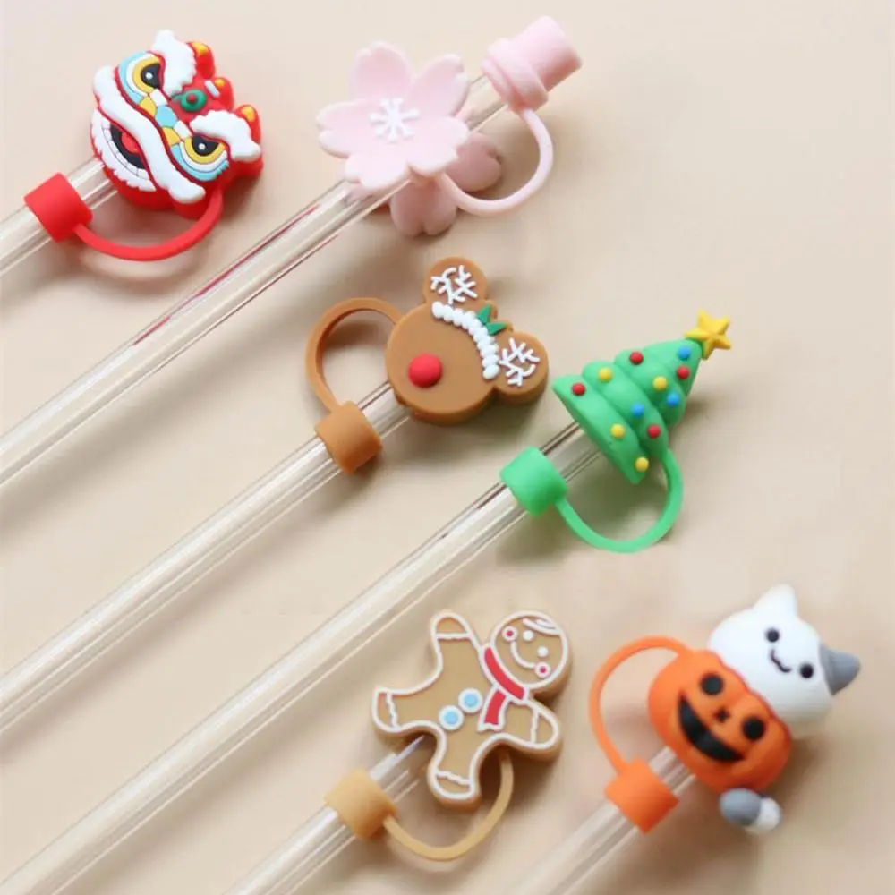 Cute Creative Cartoon Christmas Tree Straw Cap Splash Proof Dust Cover Reusable Universal Beverage Straw Topper