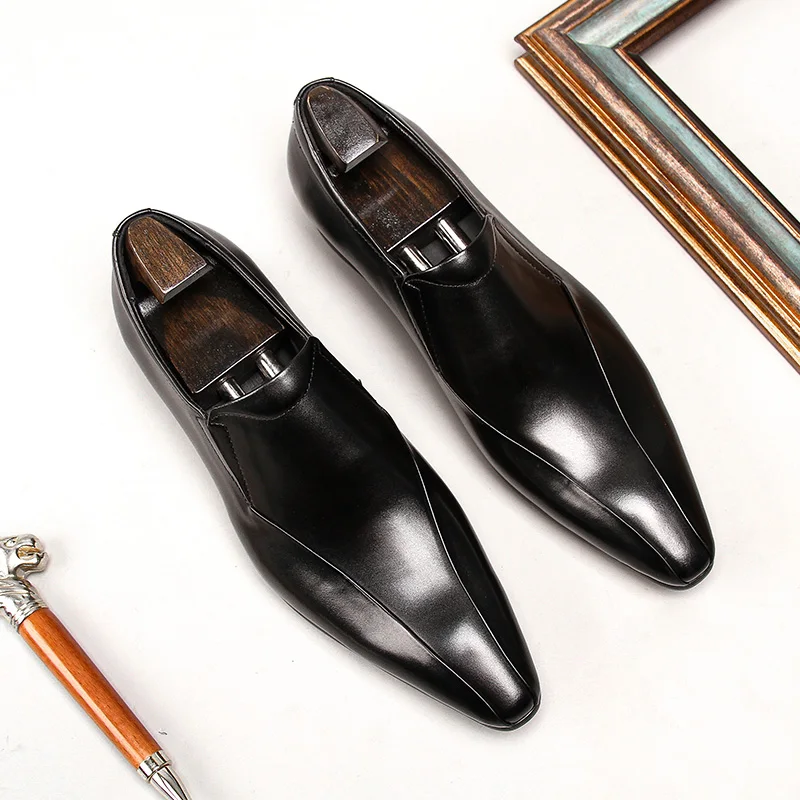 Spring/Autumn Men's Genuine Leather Pointed Toe Slip-On Black/Brown Business Office Wedding For Men Flats Shoes 2