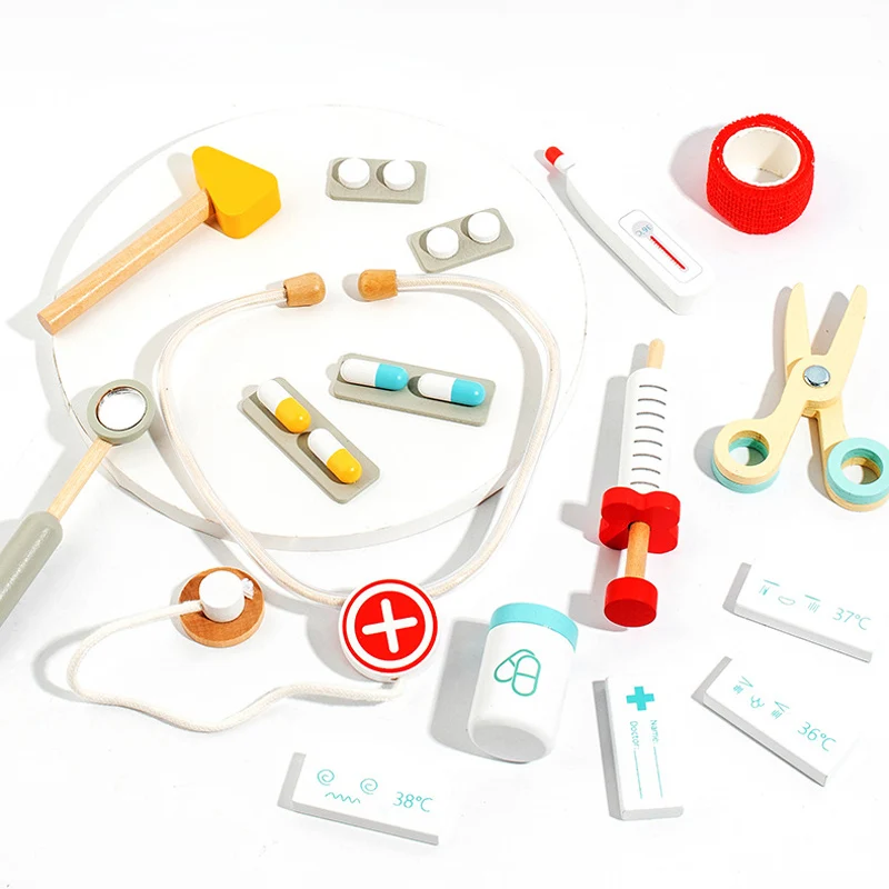 White Doctor Set Dentist Game Stethoscope Nurse Role Play Needle Model Set Wooden Toys Kids Hospital Tool Simulation Medical Kit