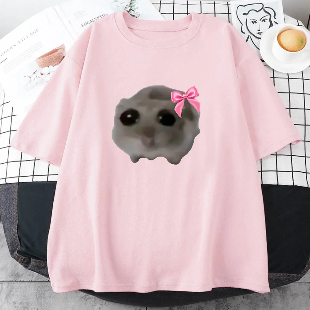 

Sad Hamster Tshirt Cartoon Graphic Printed Tee-shirt Pink Summer Cotton Comfortable Tshirt Streetwear Short Sleeve Women/Men Tee