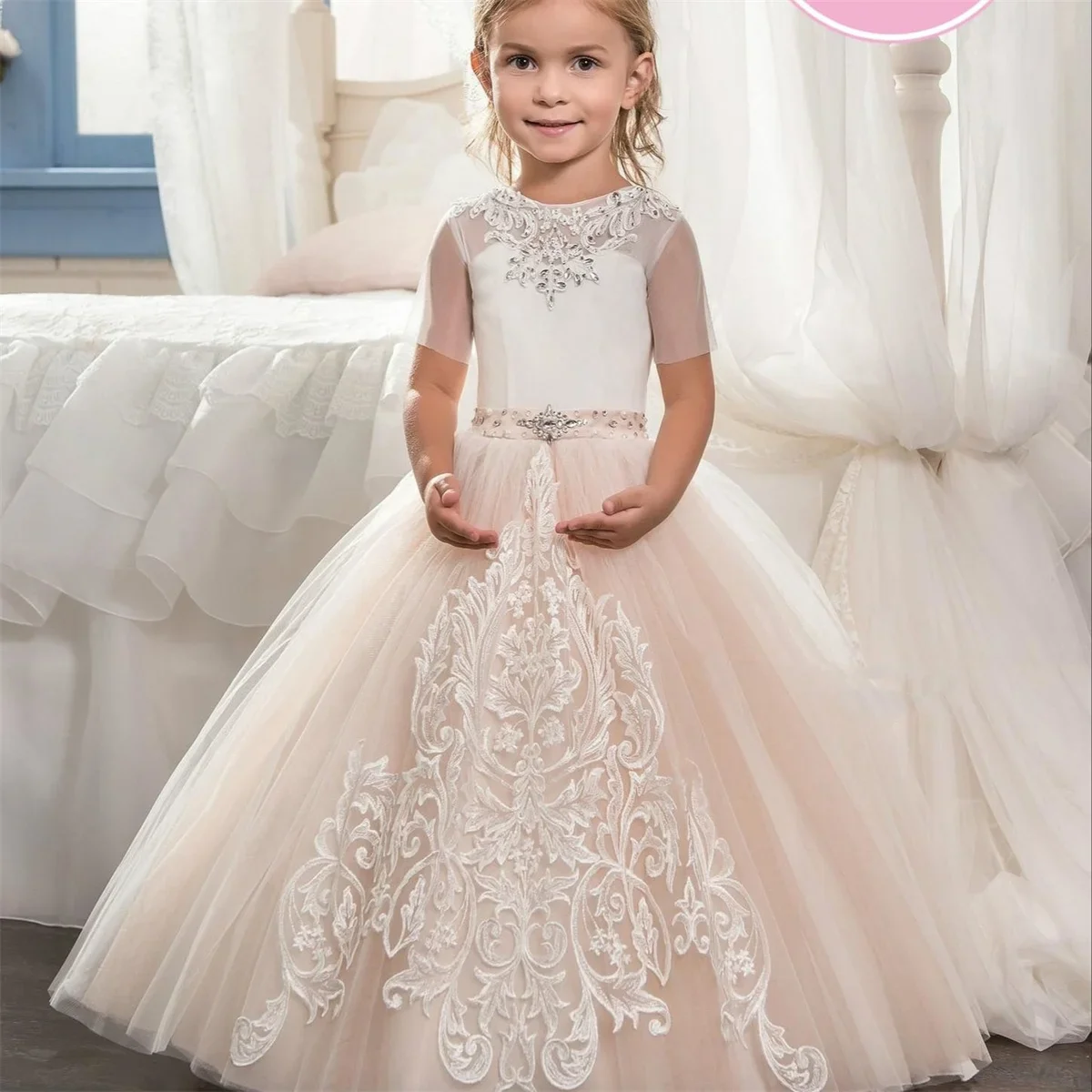 pizzo-tulle-fiore-ragazza-abiti-rosa-chiaro-bambino-gonfio-matrimonio-festa-di-compleanno-vestito-manica-corta-principessa-palla-abiti-da-ballo