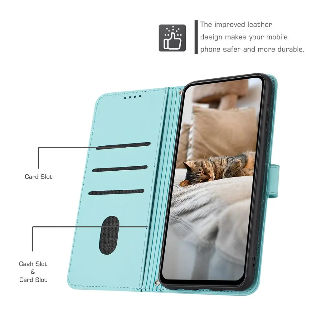 3D Cat Wallet Flip Cover with Strap - Leather Phone Case