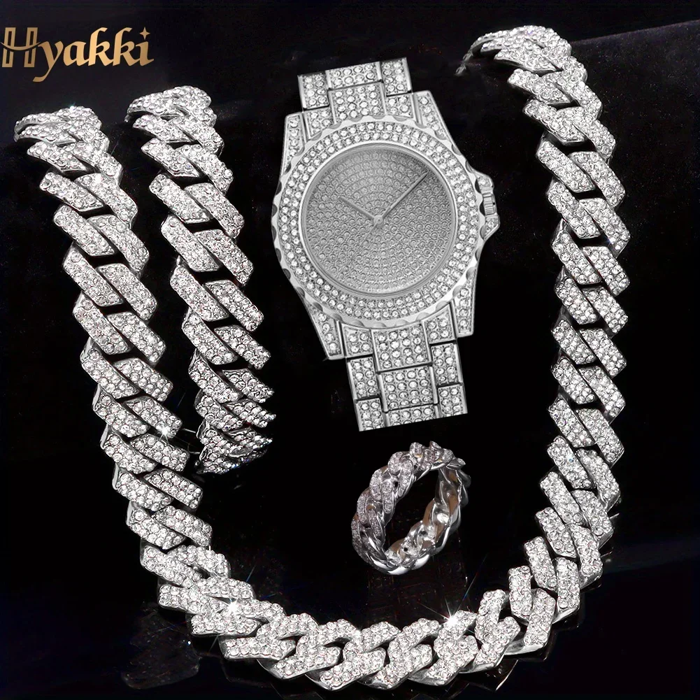 4 pieces/1 piece, shiny Hyakki men's rhinestone jewelry set - electronic quartz watch, stylish alloy case,