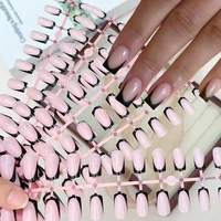 120 faux ongles courts carrés blancs style French, rose nude, forme cercueil, brillants, à presser, couvrance totale, prêts à poser # 5
