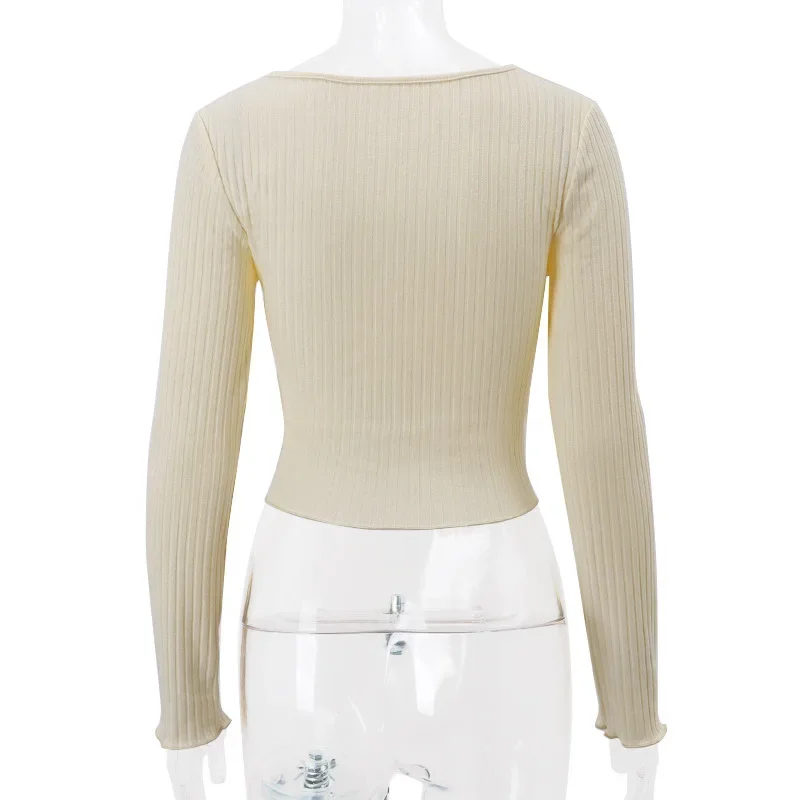 Knit Sweater Pullover Women V-Neck Ribbed Long Sleeve Patchwork Hollow Out Cropped Top Slim Elegant Solid Knitwear Top