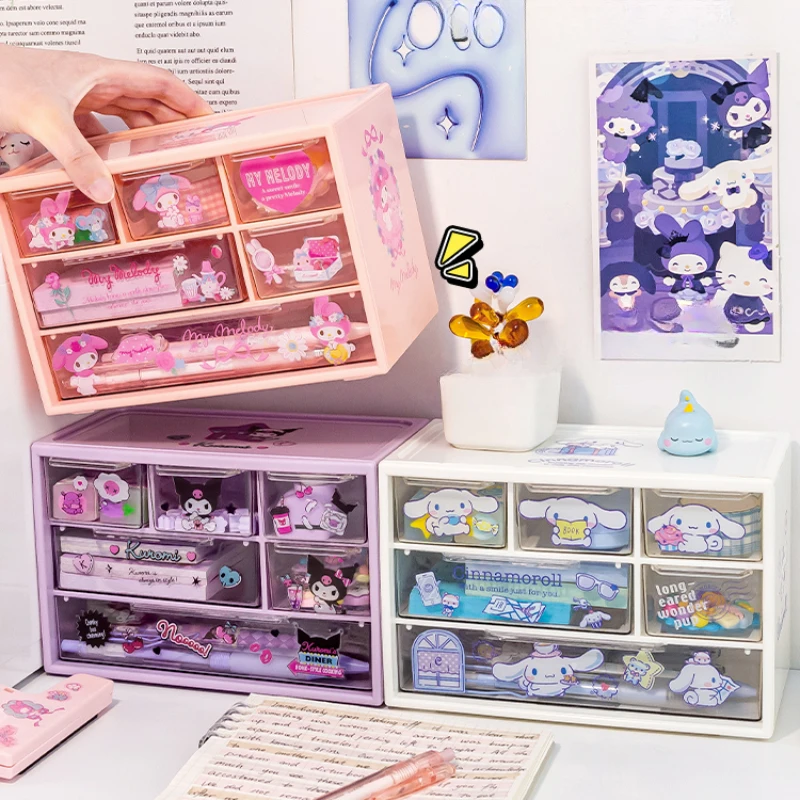 Sanrio 6 Grid Storage Box Desktop Drawer-type Transparent Organizing Box Desk Pen Holder Send Kuromi Melody Cinnamoroll Stickers desktop storage box