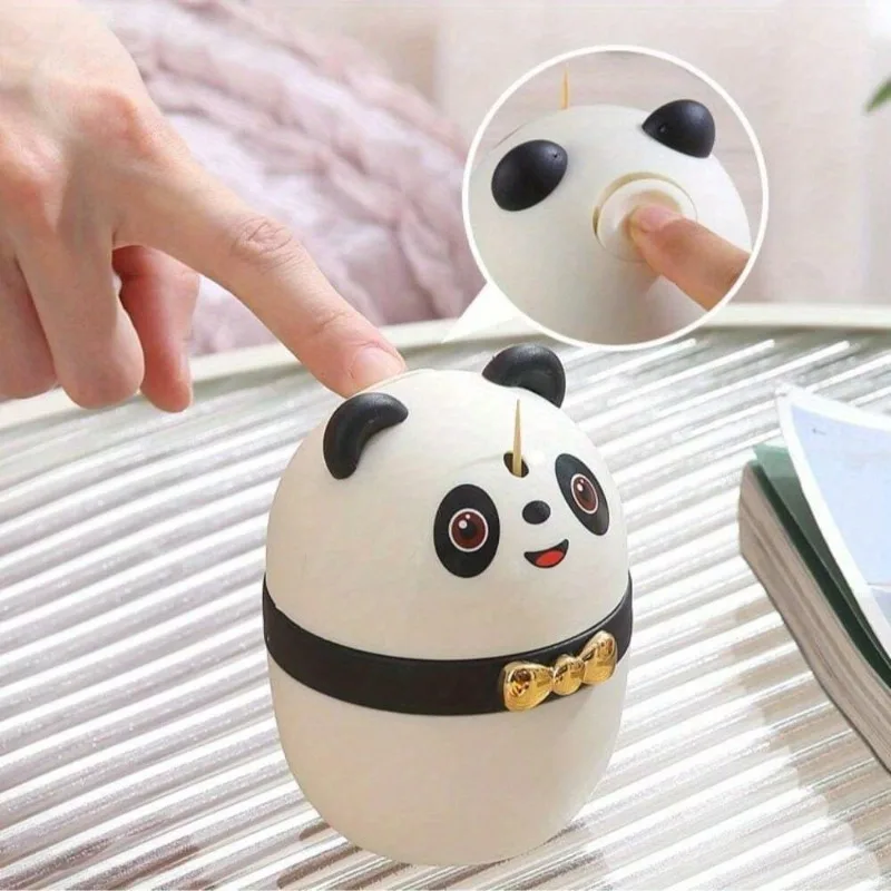 Large Capacity Automatic Panda Toothpick Dispenser Portable Bamboo Organizer with Dustproof Cover Cartoon Design for Kitchen Use