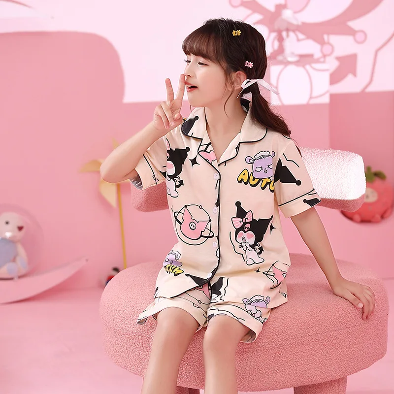 

Новинка 2023, летняя мультяшная Милая Детская Пижама sanrio Cinnamoroll Kuromi, кардиган с коротким рукавом, костюм для домашнего сервиса