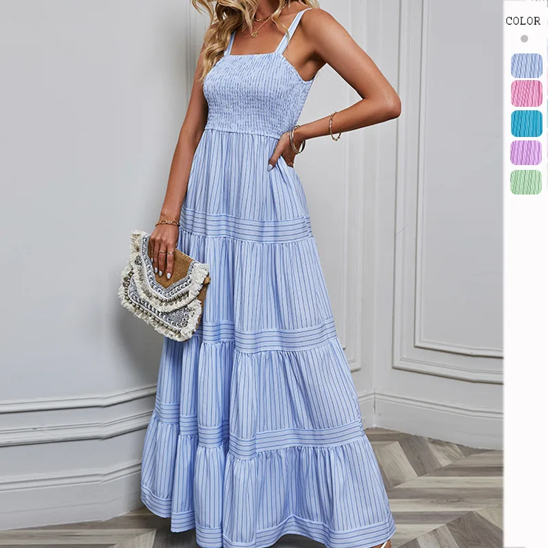 

2024 Spring/Summer New European and American Foreign Trade Women's Wear Sling Waist Stripe Holiday Dress Women