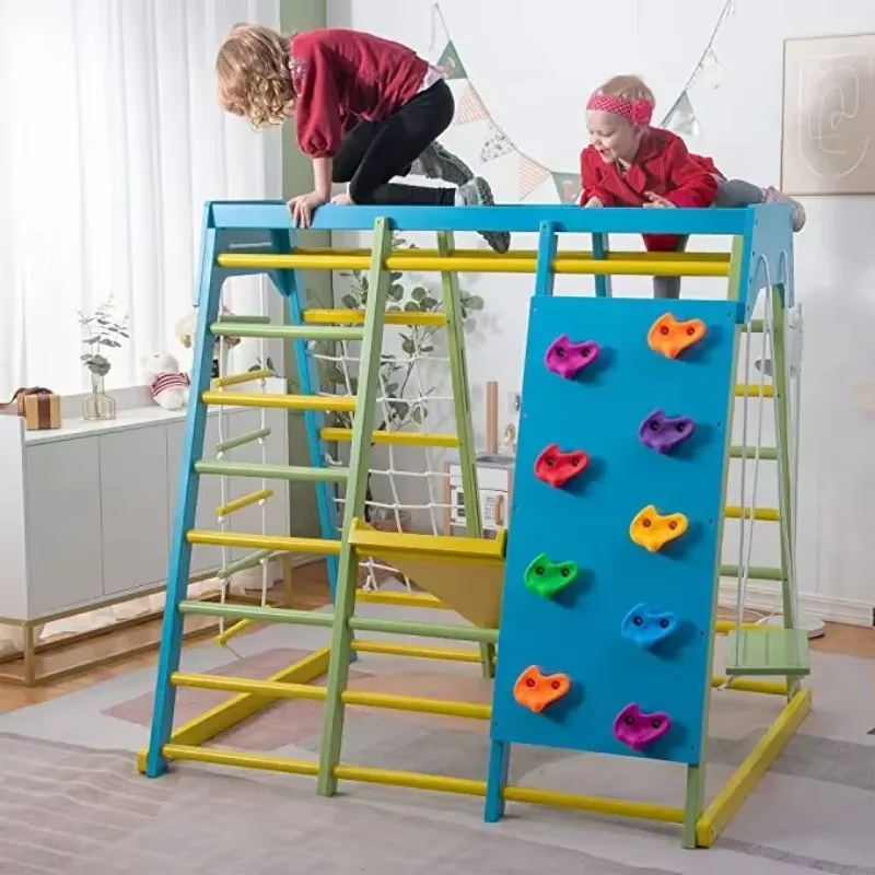 Heavy-Duty Kids Climbing Frame Durable Wood Design Colors for Indoor Motor Skill Training