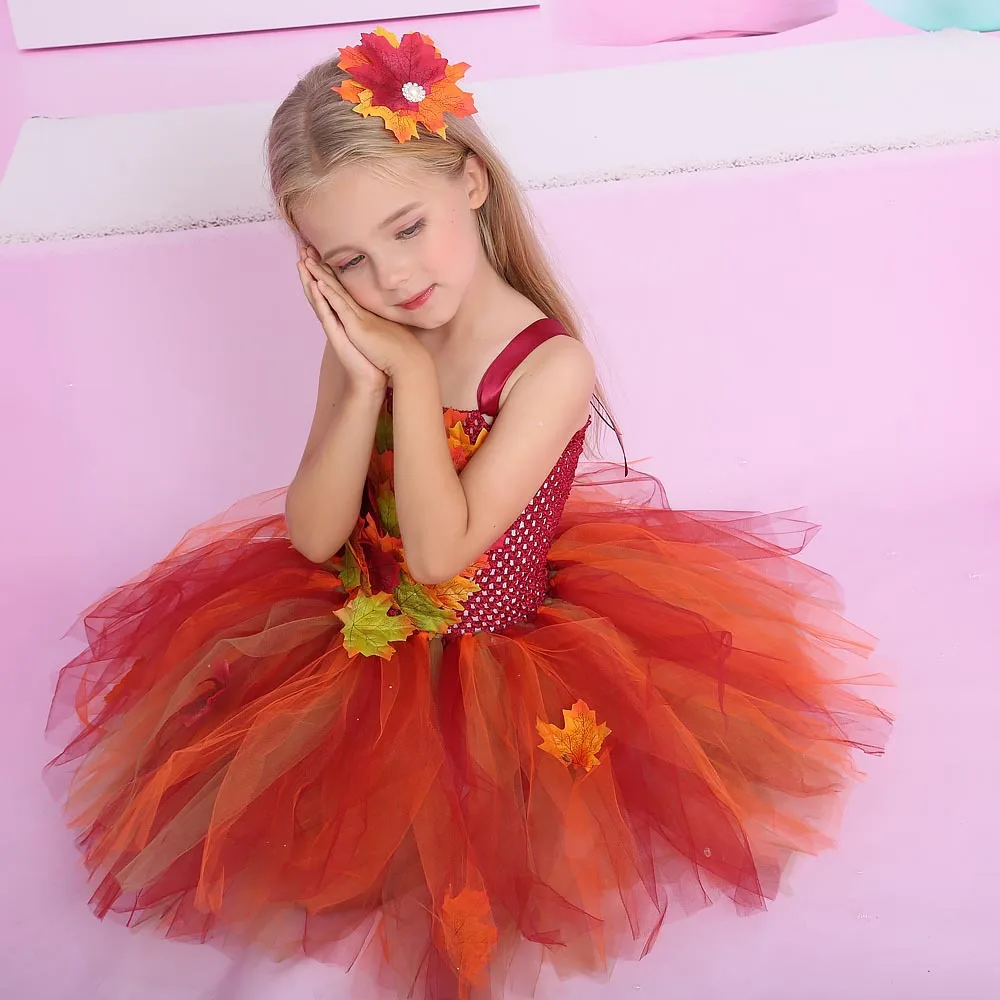 Toddler Girls Thanksgiving Day Dance Tutu Dress Cute Autumn Maple Leaves Tulle Princess Dress for Party