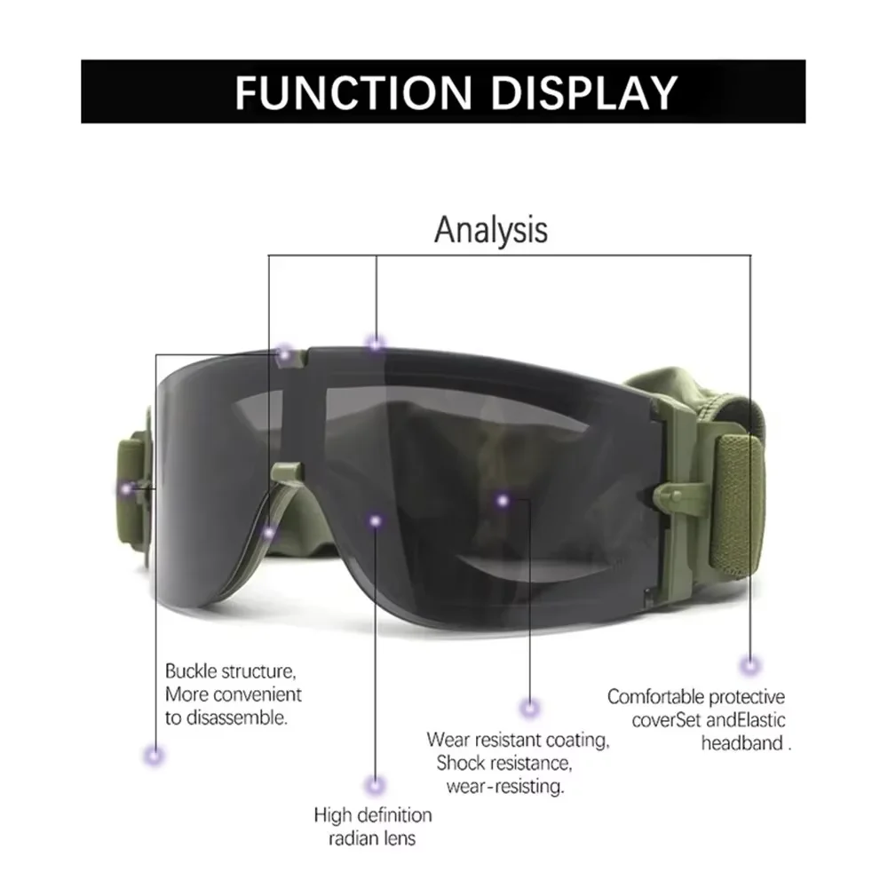 Tactical Goggles 3 Lens Windproof Dustproof Shooting Motocross Motorcycle Mountaineering Glasses CS Safe Protection