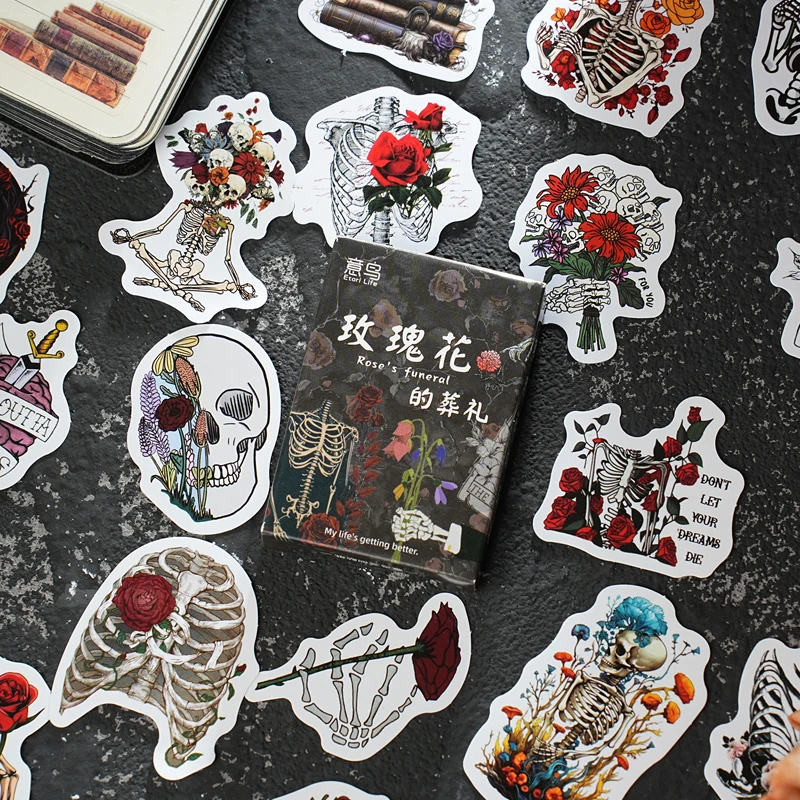 

30PCS Skeleton Rose Small Sticky Sticker Aesthetic Paper DIY Decoration Scrapbooking Korean Stationery School Supplies for Kids