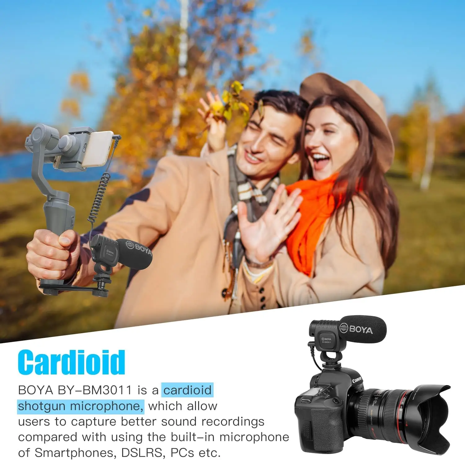 BOYA BY-BM3011 카디오이드 콘덴서 샷건 마이크, PC 휴대폰 DSLR 카메라용, 라이브 스트리밍, 유튜브 녹화, 브이로그