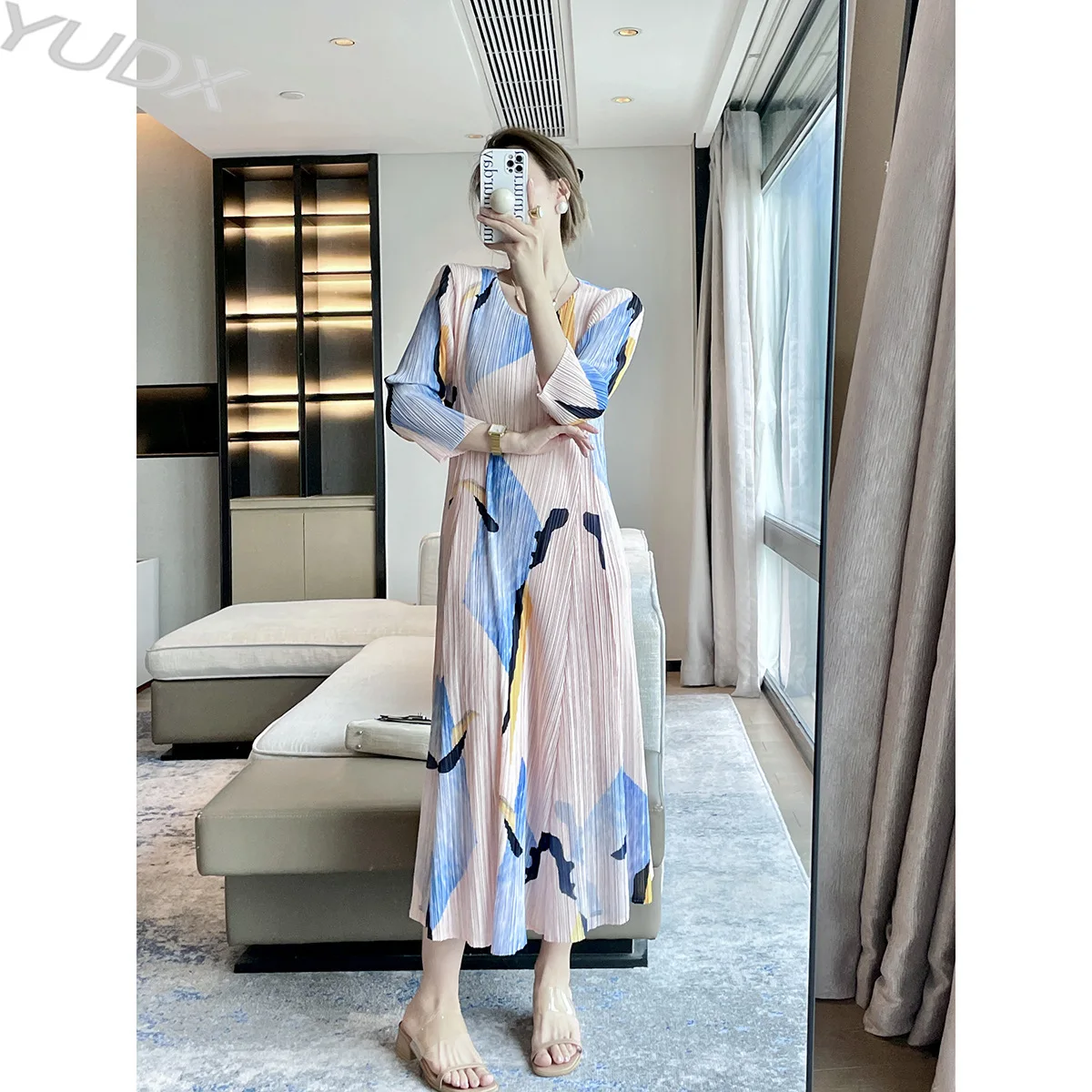 

YUDX Miyake Folds 2023 Fall New French Fashion Printed Women's Dresses Silhouette Slim Seven Sleeves High Quality Midi Dresses