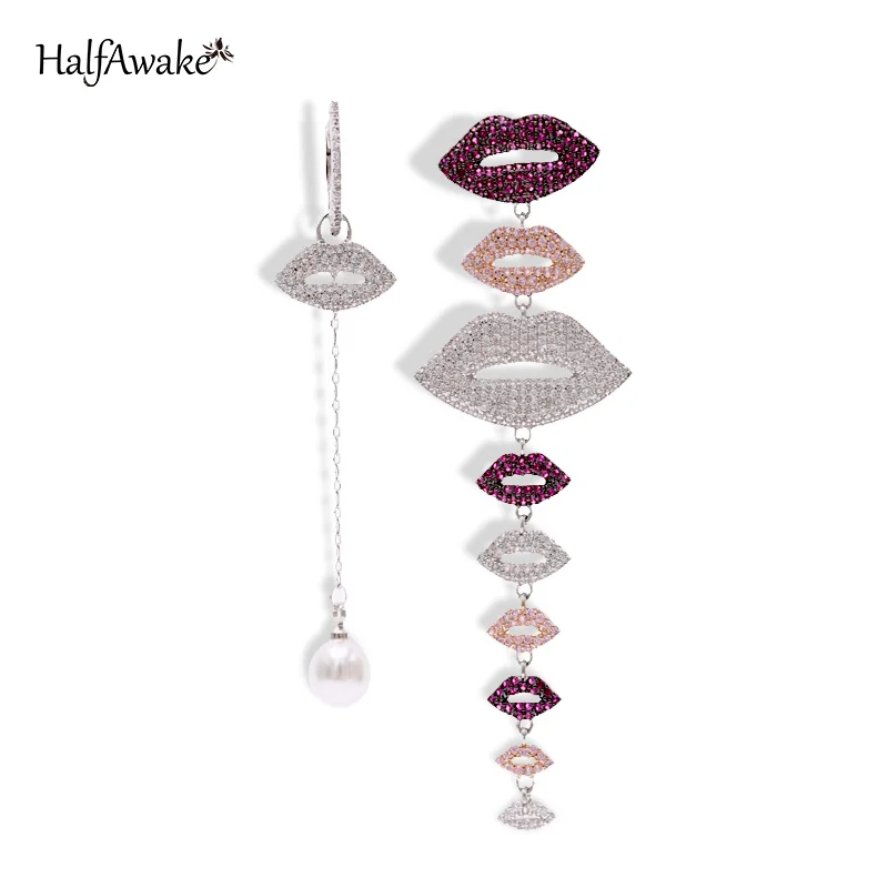

Delicate Asymmetric Colorful Cubic Zirconia Lips Tassel Earrings For Women S925 Sterling Silver Neddle Party Accessories Girl