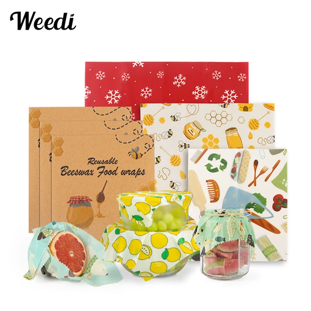 WEEDI 3 paquets d'enveloppements de cire d'abeille réutilisables pour les aliments frais gardant des enveloppes alimentaires de cire d'abeille écologiques en tissu d'enveloppements de sandwich de cire d'abeille de 3 tailles 1