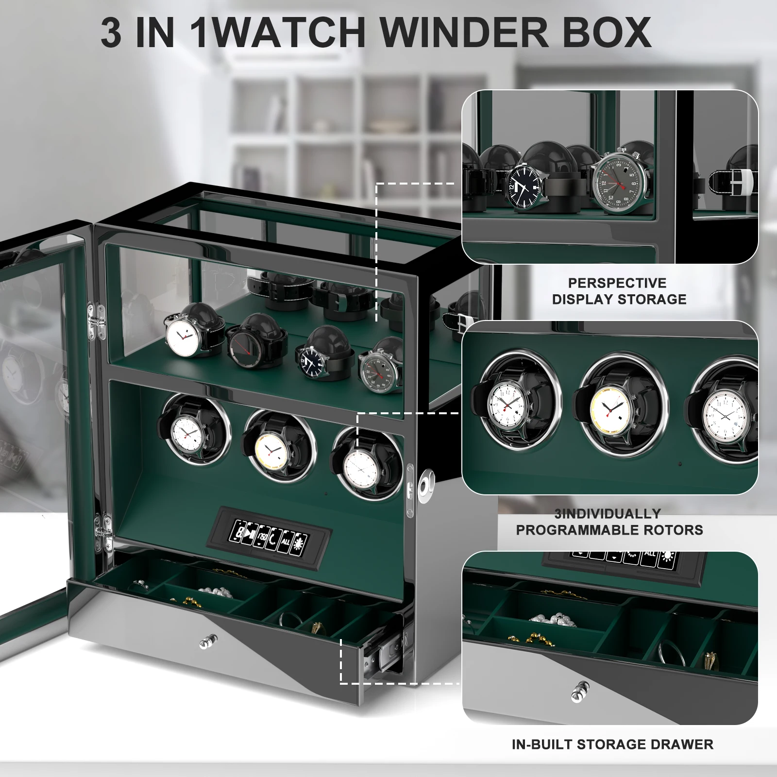 Fingerprint Unlock Automatic Watch Winder 3 Slots Display and Jewelry Storage Drawer Remote Control Watch Safe Box