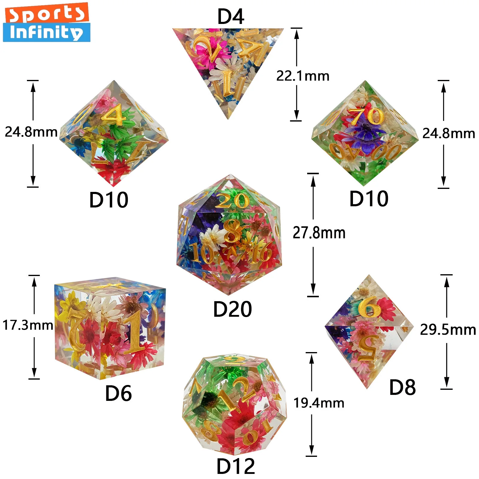 7Pcs Set Beautiful Black Gold Resin Dice for DND TPG TRPG Board Game COC Running Team Cthulhu Polyhedral Dice Number Kit