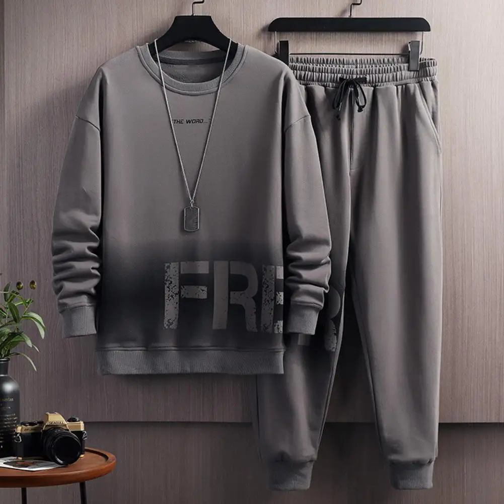 Athletic Leisurewear Set Letter Print Gradient Color Tracksuit Set with O Neck Top Drawstring Pants for Sport Leisure Wear
