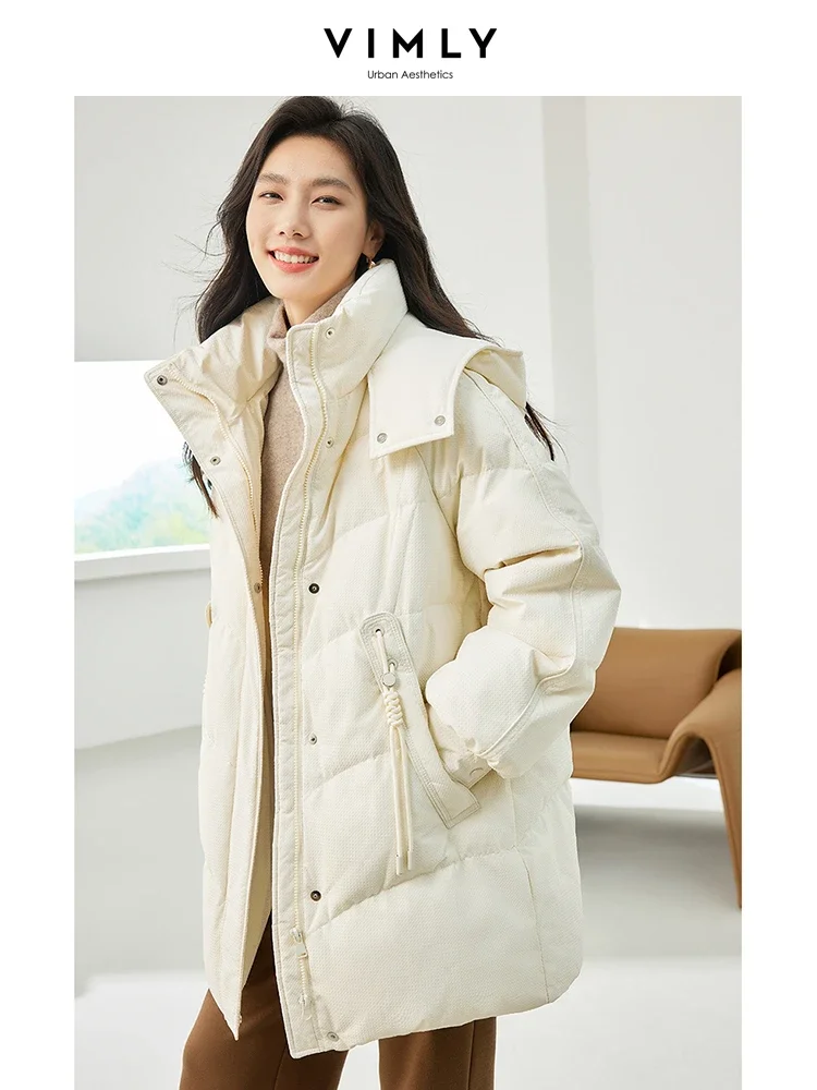 Vimly Hooded Stand Collar Zipper Duck Down Jackets 2023 Winter New Casual Straight Thick Warm Long Coats for Office Ladies 50719