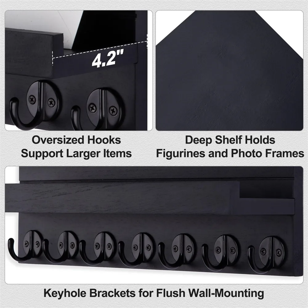 Wood Key Holder Wall Mount Entryway Key and Mail Holder with 7 Sturdy Hooks for Sunglasses Dog Leash Decorative Wall Shelf 5