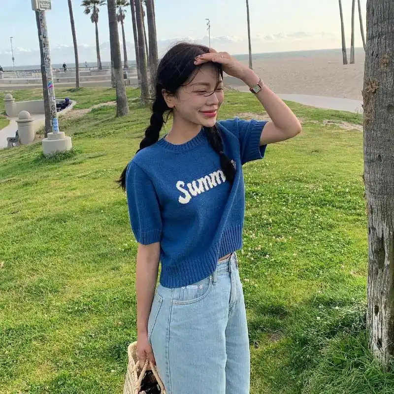 

2023 Summer New Royal Blue Printed Knitted Short-sleeved Pullover Women