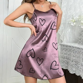 2026 Women Sleepdress Satin Floral Print Nightdress Comfortable Spaghetti Strap Sleepwear Dress Luxurious Satin Slip Nightdress