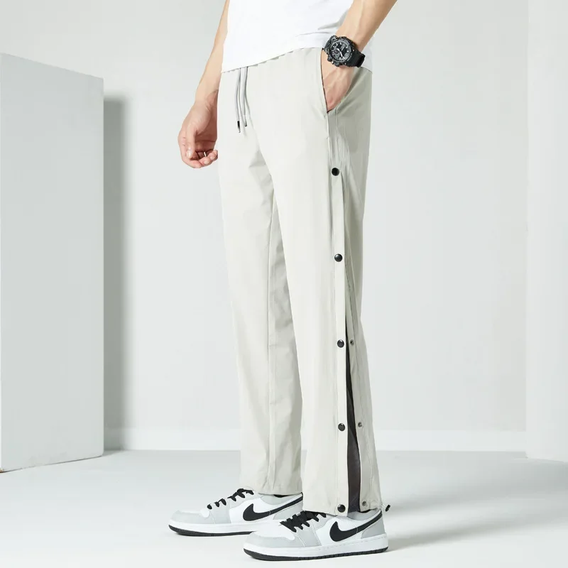 Summer Quick Dry Sweatpants Men Sportswear Side Button Breathable Mesh Loose Casual Track Pants Straight Jogger Trousers