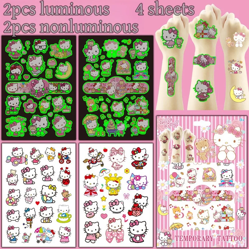Hello Kitty 헬로 키티 방수 야광 문신 스티커, 여아용 DIY 일기 문구 스티커, 어린이 장난감 선물, 파티 호의