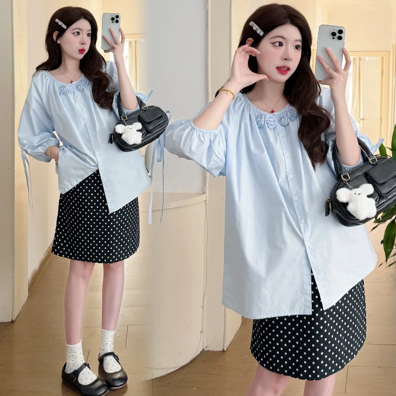 Pregnant Women's Heavy-Duty Handmade Flower Sweet Top + Polka Dot Skirt Suit for Women