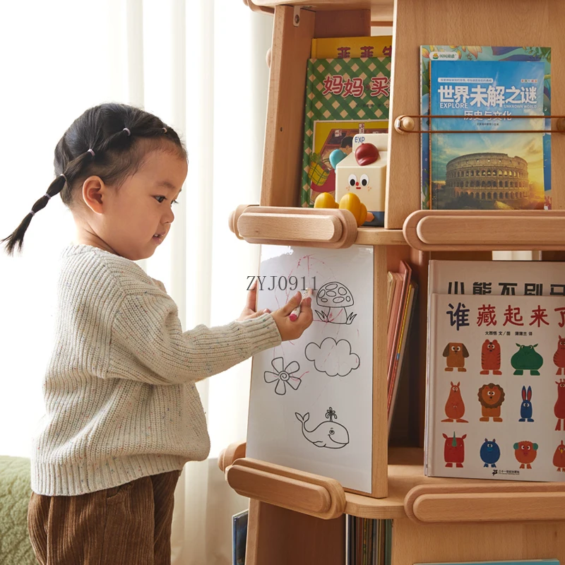 Children's rotating bookshelf 360-degree bookcase Solid wood picture book floor storage display cabinet