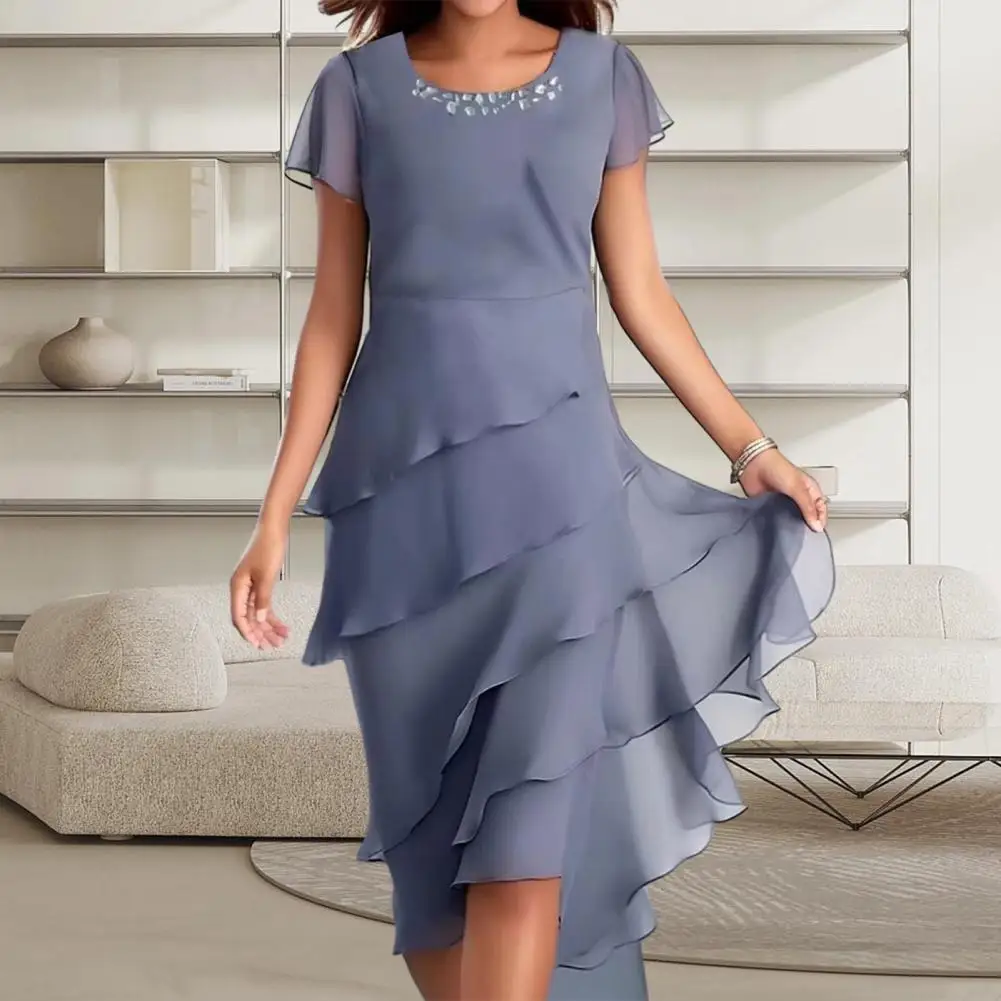 

Layered Cake Hem Flowy Dress Elegant Beaded Decor O-neck Midi Dress Layered Cake Hem Flowy Party Wedding Guest Dress Short