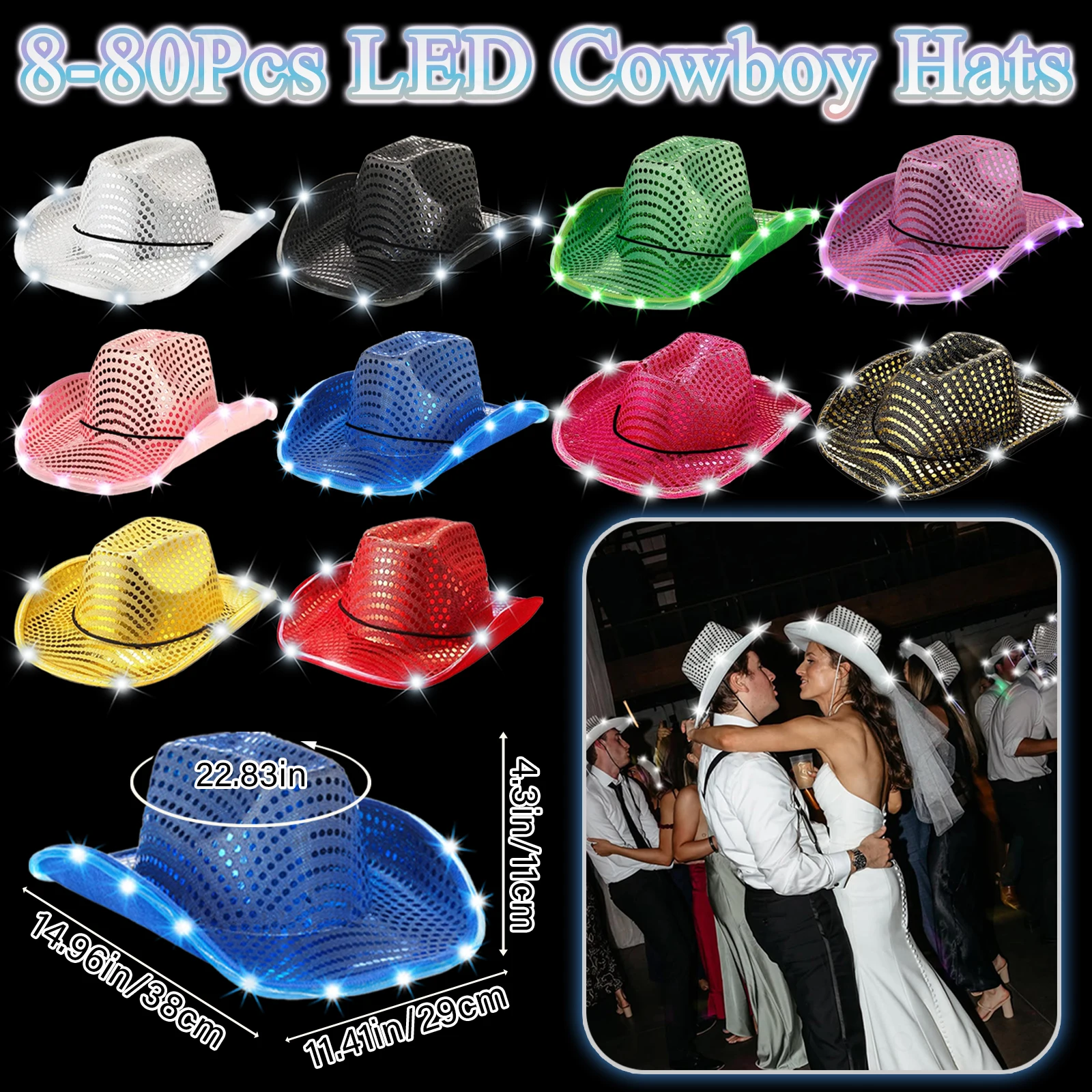 8/16/24/32/56/80Pcs LED Cowboy Hats Bulk for Wedding Lighting - Main Image