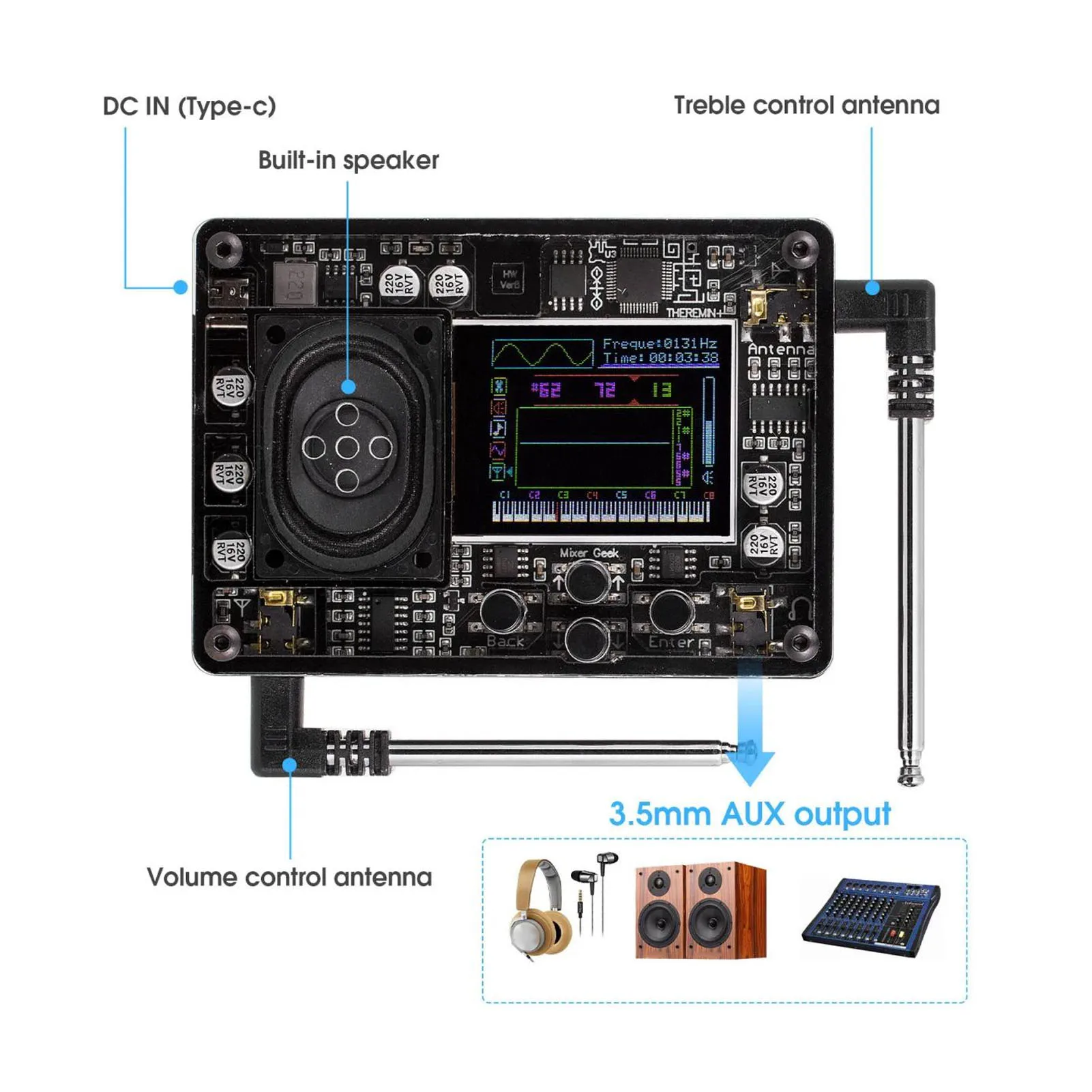 Mini Theremin Instrument Antenna Calibration Function Theremin Musical Module Type C Interface Color Screen for Musicians