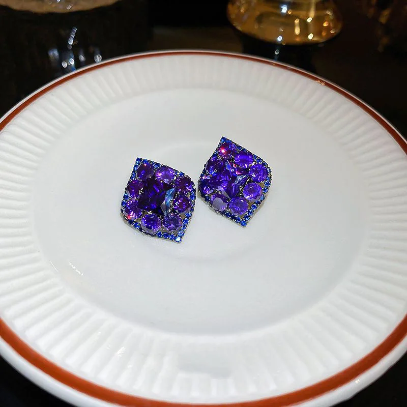 Fashion Trend Unique Design Elegant Delicate Light Luxury Purple Zircon Rhombus Earrings For Women Jewelry Party Premium Gift