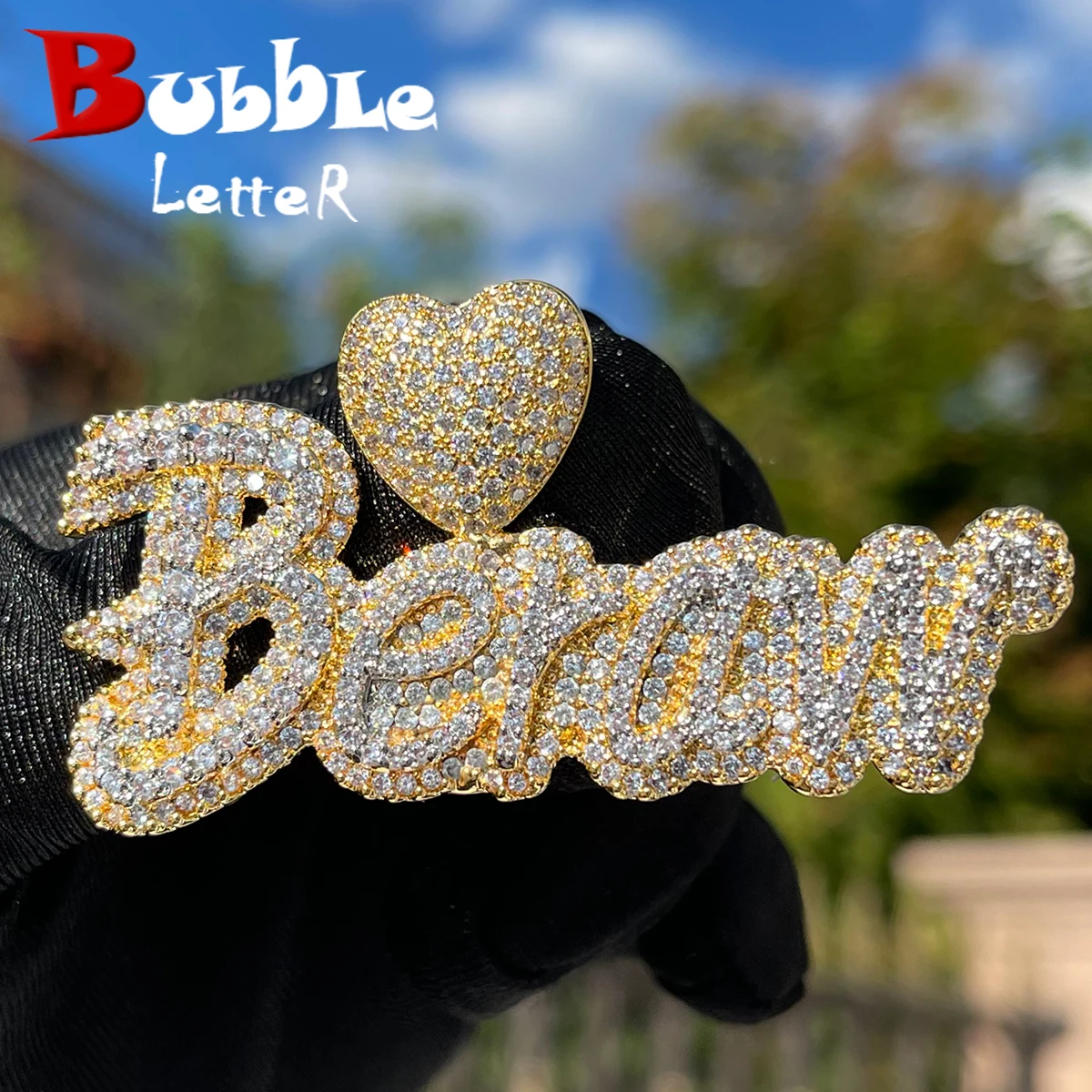 

Bubble Letter Custom Name Necklace for Women Iced Out Pendant Real Gold Plated Heart Bail Hip Hop Rapper Rock Street Jewelry