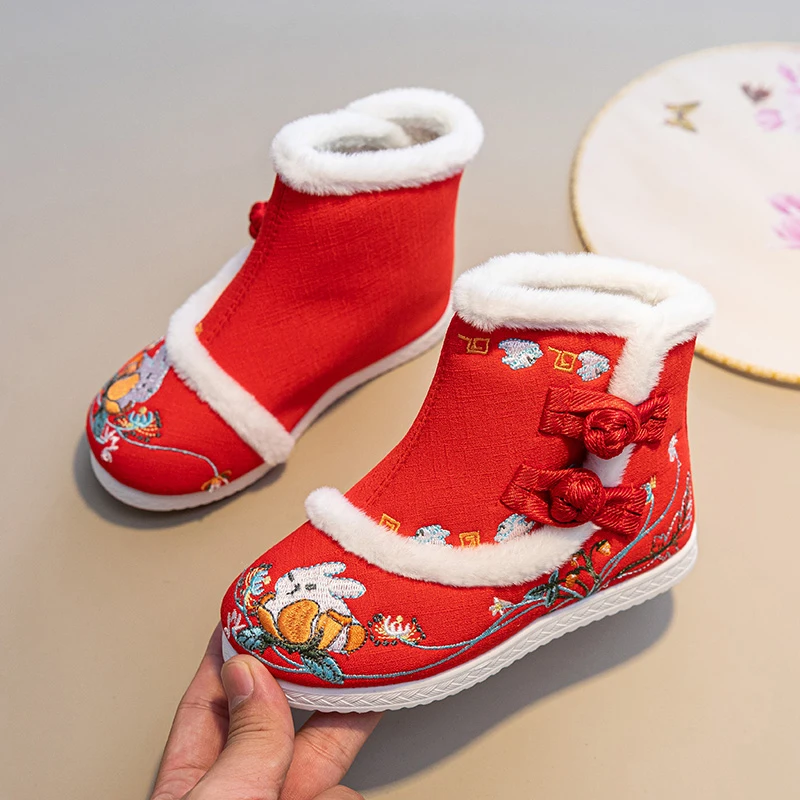 Chinese Style Embroidery Snow Boots Child Girl Fashion Buttons Cute Animal Kids Red Boots Warm Soft Plush Winter Boots For Girls cut plush animal winter ski hat beanie cap for girl women 8 years old youth teen headwear for outdoor snow cold weather freeship