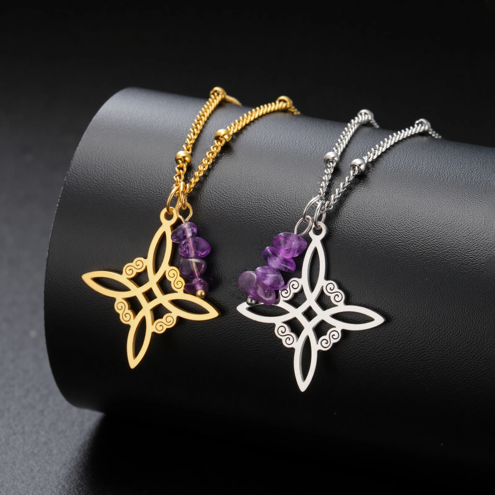 COOLTIME Schamanenknoten-Anhänger mit Amethyst-Halskette, Damen-Perlenkette aus Edelstahl, Vintage-Amulett, Hexerei, Schmuck, Geschenk – Detail 3