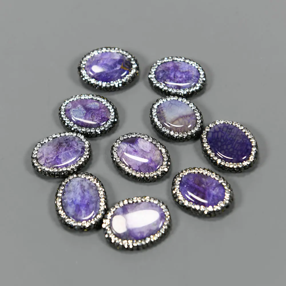 

APDGG 10 Pcs Oval Shape Purple Agate Black Rhinestone Paved Beads For Pearl Necklace DIY Jewelry Findings