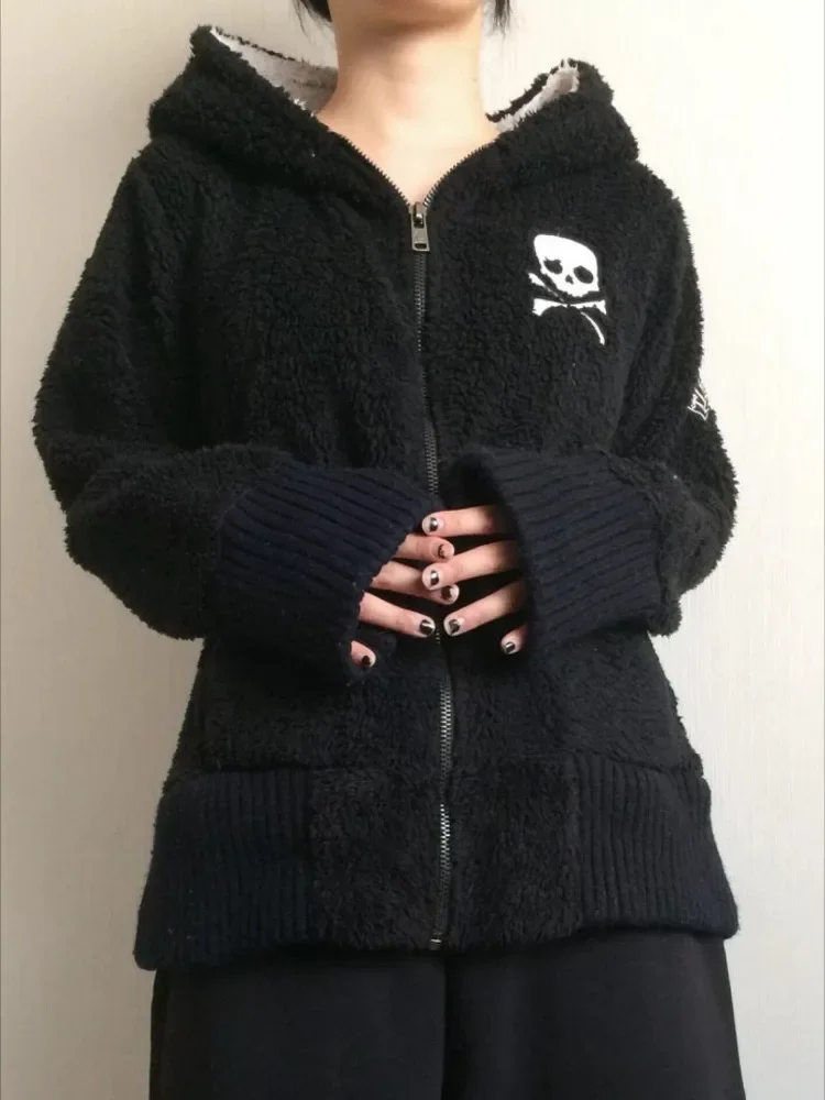 484238-473371.jpg Y2k Lamb Wool Jackets Women Gothic Hoodies Cross Skull Grunge Zipper Sweatshirts Vintage Casual Hooded Coats Harajuku Streetwear - Image 1