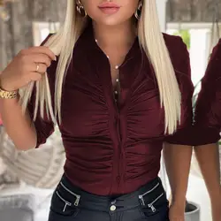 Tops Women 2023 Trendy Fashion Plain Leather Ruched Button Down Casual Long Sleeve Skinny Shirt All-Match Female