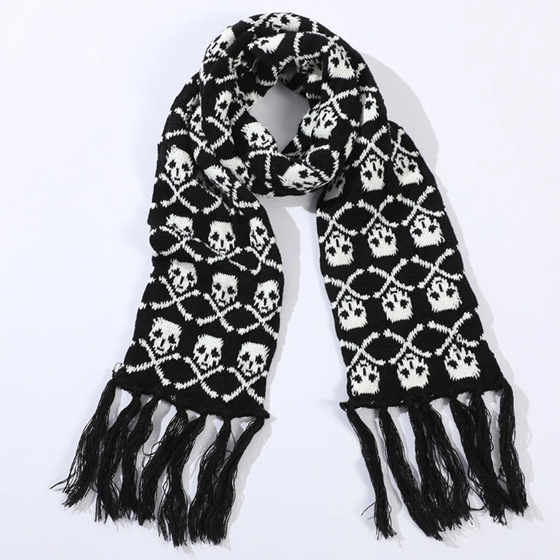 Bufanda con flecos hombre, bufanda de lana de punto con color blanco y negro, larga, a la moda, con flecos, calavera y huesos cruzados| de - AliExpress