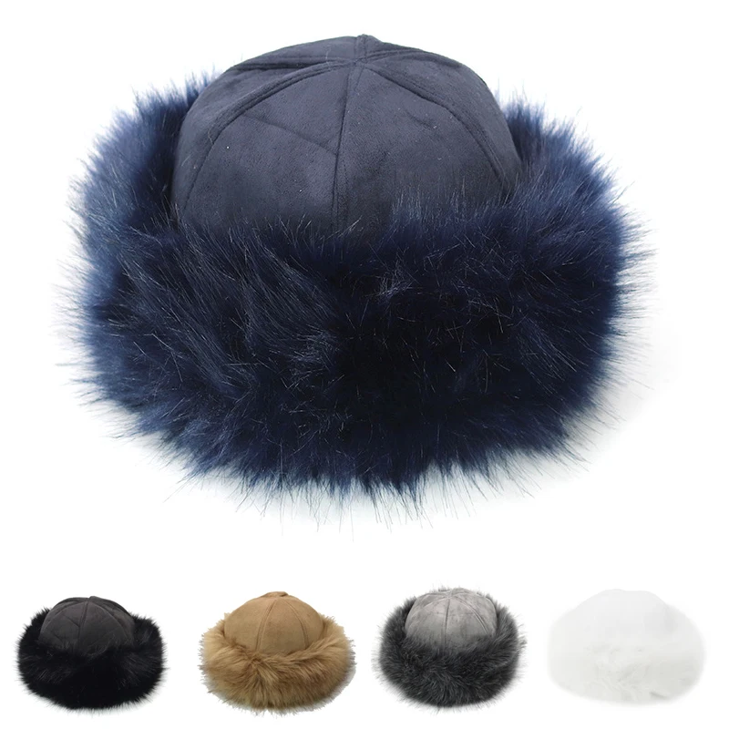 

New Suede Velvet Imitation Winter Unisex Keep Warm Fluffy Foldable Fox Fur Plush Basin Cap Cold Resistant Hat Women Female