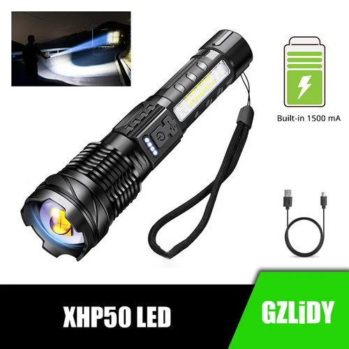 강력한 XHP50 LED 손전등 방수 18650 토치 사이드 라이트, 7 모드 캠핑 낚시 랜턴 USB 충전식 줌 램프 7