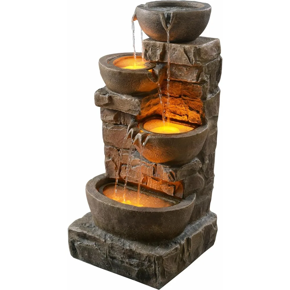 

Teamson Home 33.27 in. Cascading Bowls and Stacked Stones LED Outdoor Water Fountain for Gardens, Landscaping, Patios, Balconies